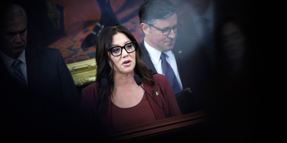 Lori Chavez-DeRemer is surrounded with Republican leaders in a frame partly obscured by a black mark.