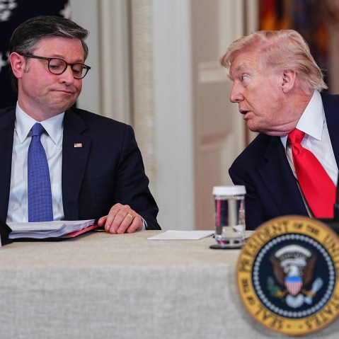 Mike Johnson, left, has a smirk on his face as Donald Trump speaks to him.