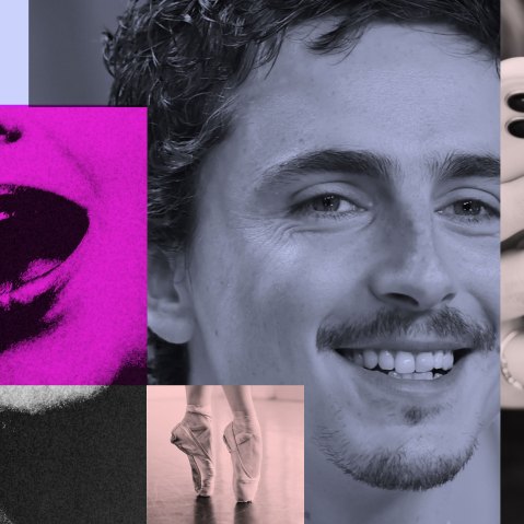 A collage showing Timothée Chalamet, a woman singing opera, ballet shoes, and a person using a phone
