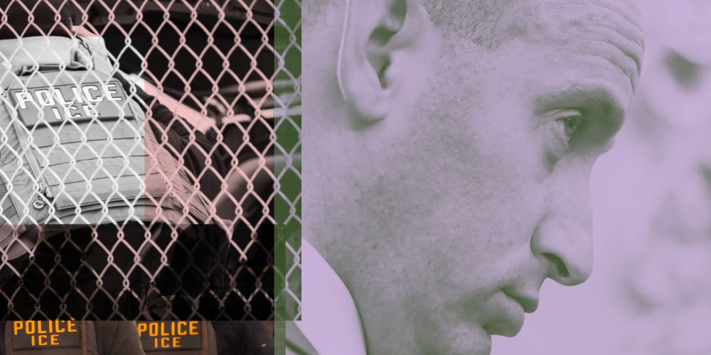 A collage showing ICE agents, and a close up of Stephen Miller