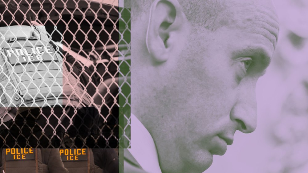 A collage showing ICE agents, and a close up of Stephen Miller