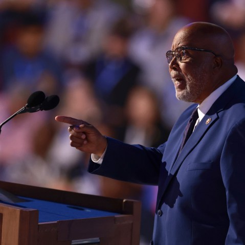 Bennie Thompson speaks into a microphone at a podium while pointing his finger.