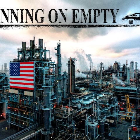 Marathon Petroleum Corp's Los Angeles Refinery, one of the largest oil refineries in the North America, operates as gas prices rocket upward due to worldwide oil supply disruptions caused by the U.S. and Israeli attack on Iran. Text reads RUNNING ON EMPTY."