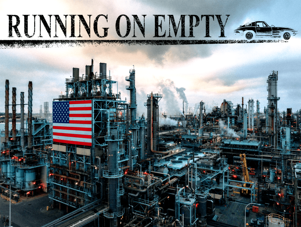 Marathon Petroleum Corp's Los Angeles Refinery, one of the largest oil refineries in the North America, operates as gas prices rocket upward due to worldwide oil supply disruptions caused by the U.S. and Israeli attack on Iran. Text reads RUNNING ON EMPTY."