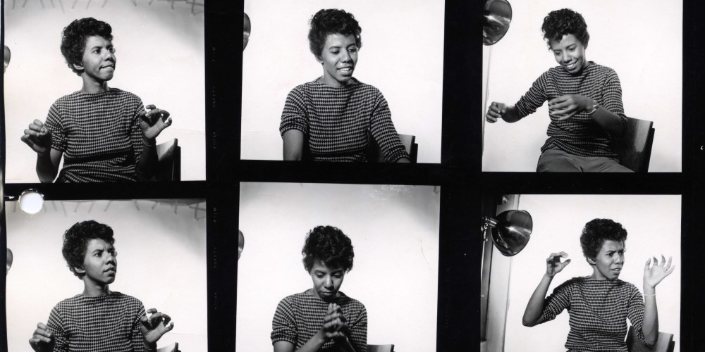 A contact sheet of writer and playwright Lorraine Hansberry posing for a portrait in her apartment at 337 Bleecker Street (where she had written the first-ever Broadway play by an African-American woman, "A Raisin In The Sun") in April, 1959 in New York City, New York