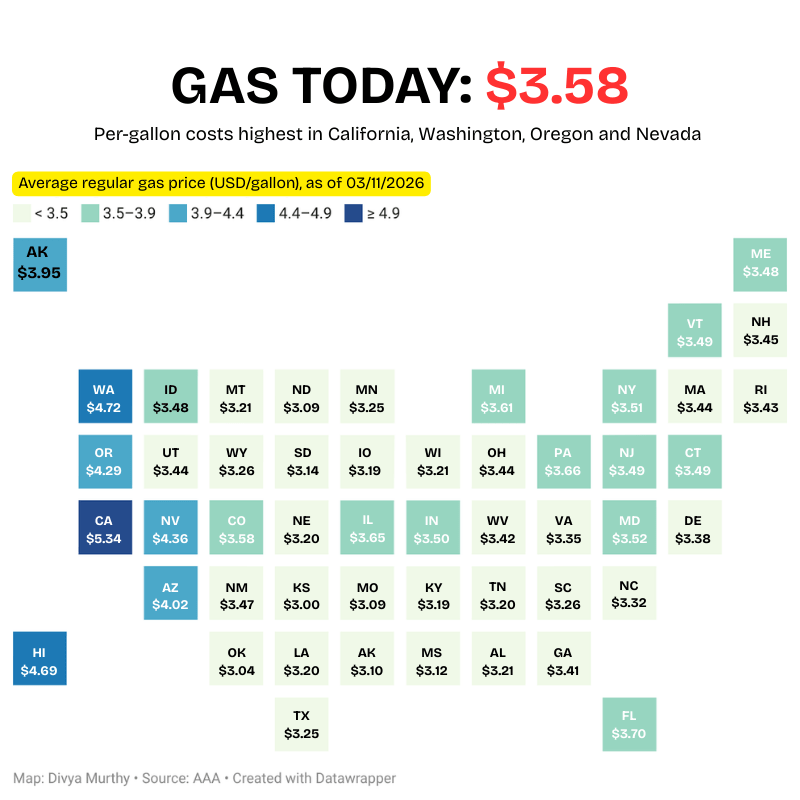 A map showing national average of gas prices in U.S. states.